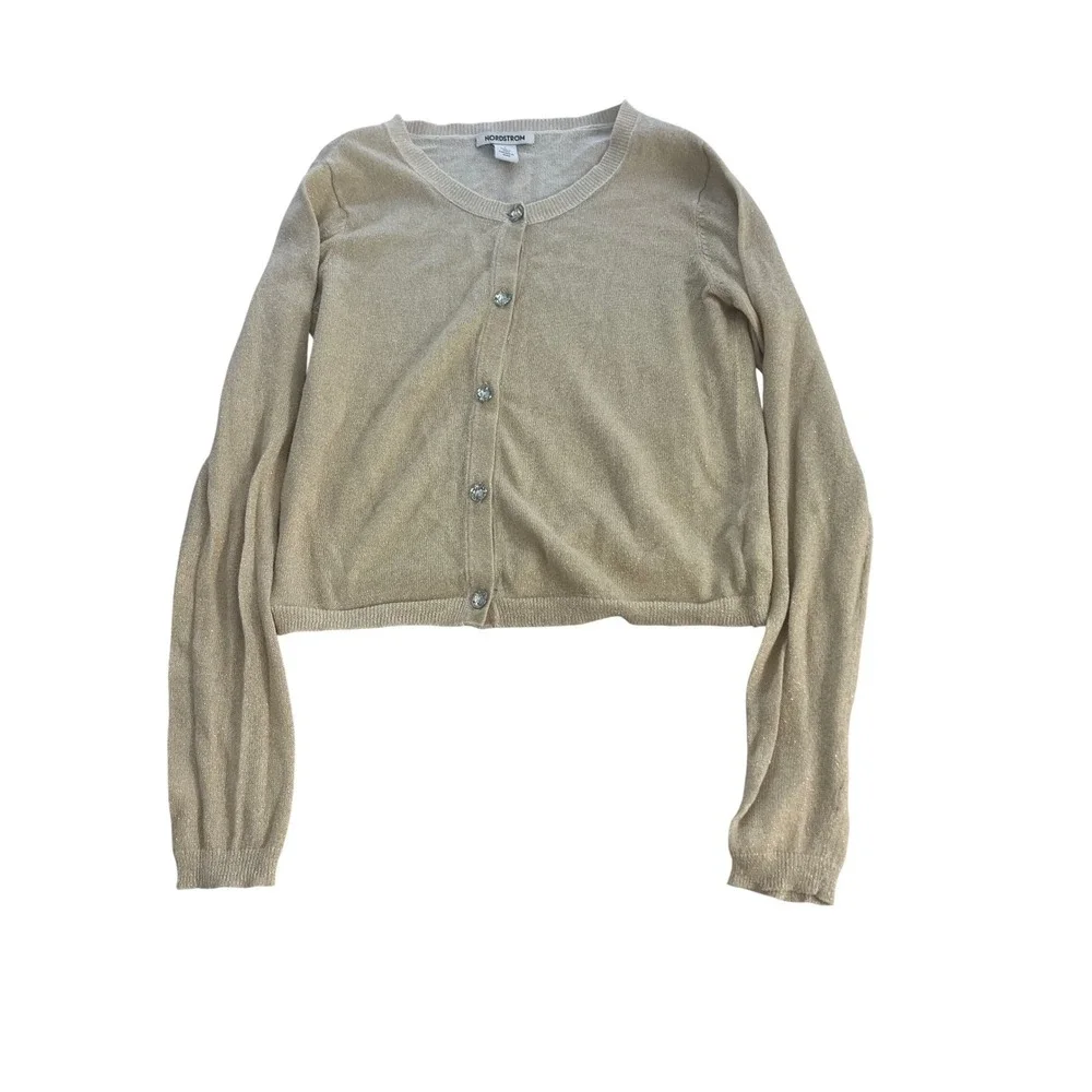 Nordstrom Girls Gold Metallic Shimmer Cardigan Rhinestone Button Sweater Size 7